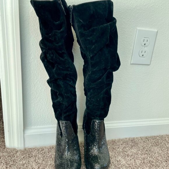 Michael Antonio knee Boots glitter faux suede Sz 5.5  Heels Baddie - Picture 8 of 12